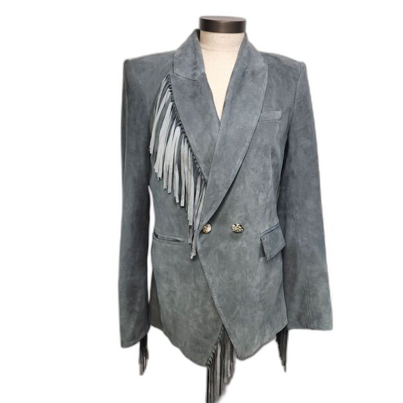 Veronica Beard Pali Fringed Suede Dickey Jacket Slate Blue Lambskin Size 8 - Picture 3 of 14